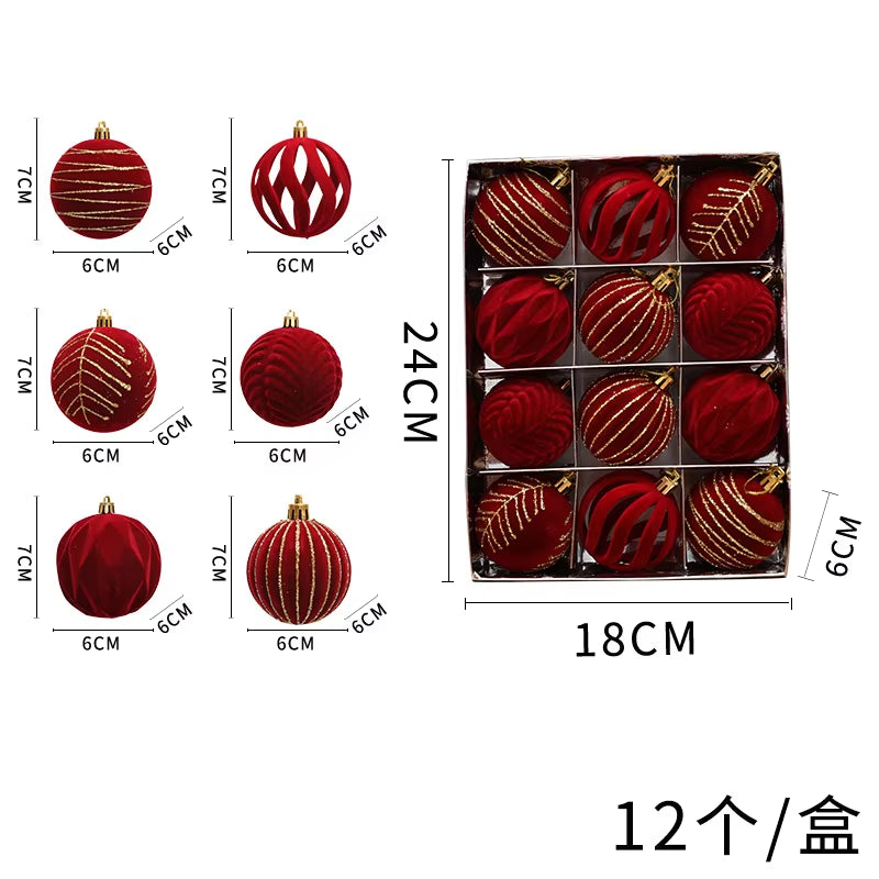 12Pcs 6Cm Wine Red Christmas Ball Ornaments Christmas Tree Party Decoration New Year Christmas Spheres Pendant Velvet Balls 2025