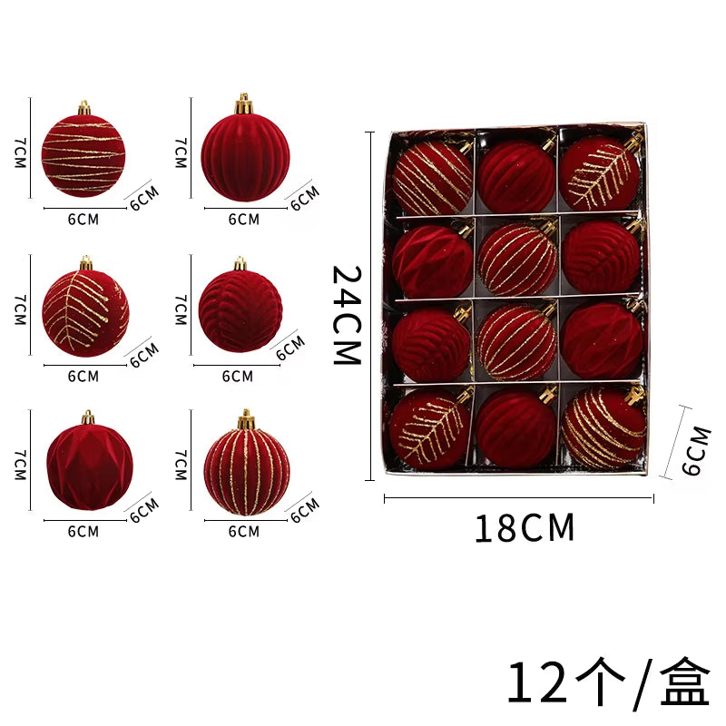 12Pcs 6Cm Wine Red Christmas Ball Ornaments Christmas Tree Party Decoration New Year Christmas Spheres Pendant Velvet Balls 2025